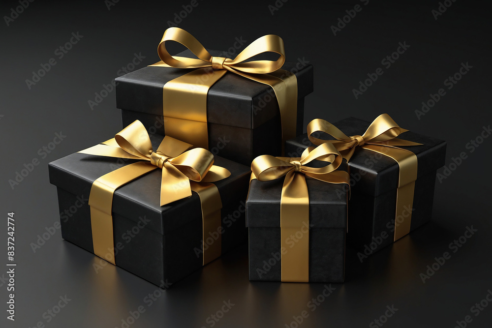 Black gift boxes with gold bow on black background. 3d render