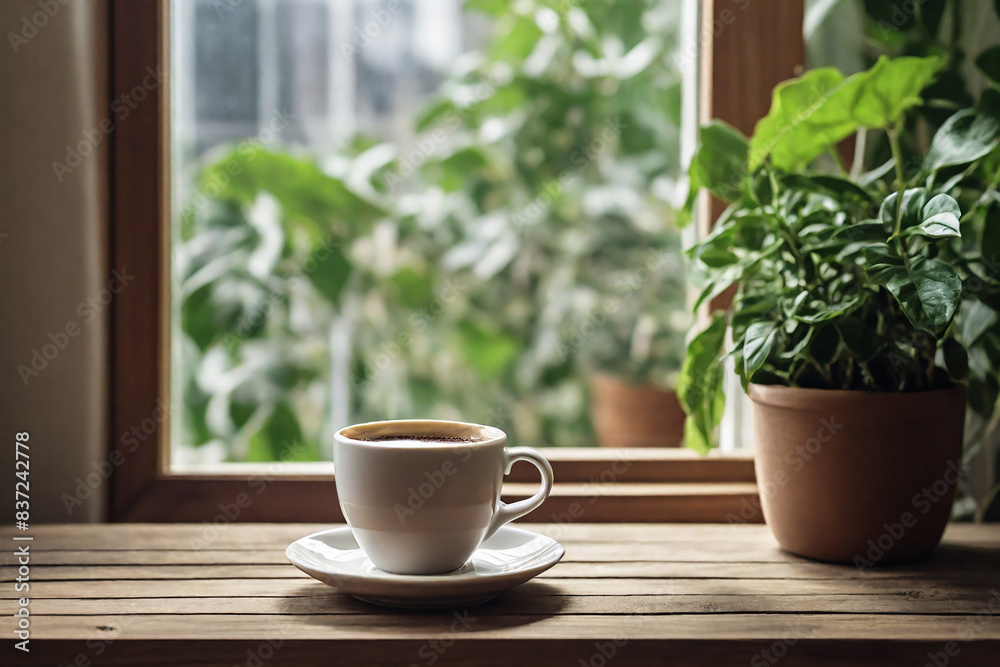 Cup of coffee on a wooden table in front of the window Cup of coffee on a wooden table in front of the window
