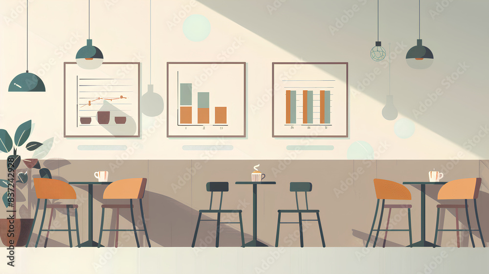 Fototapeta premium a minimalist illustration depicting various graphs hovering above empty chairs and tables arranged in a coffee shop setting
