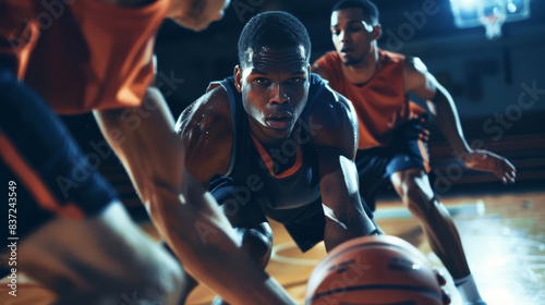 Intense basketball game in indoor gym, focused player defending