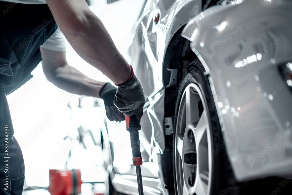 Professional car accident repair service with modern tools and skilled mechanic in action Professional car accident repair service with modern tools and skilled mechanic in action