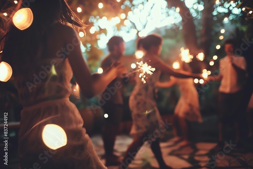 Friends celebrating with sparklers at a summer party.