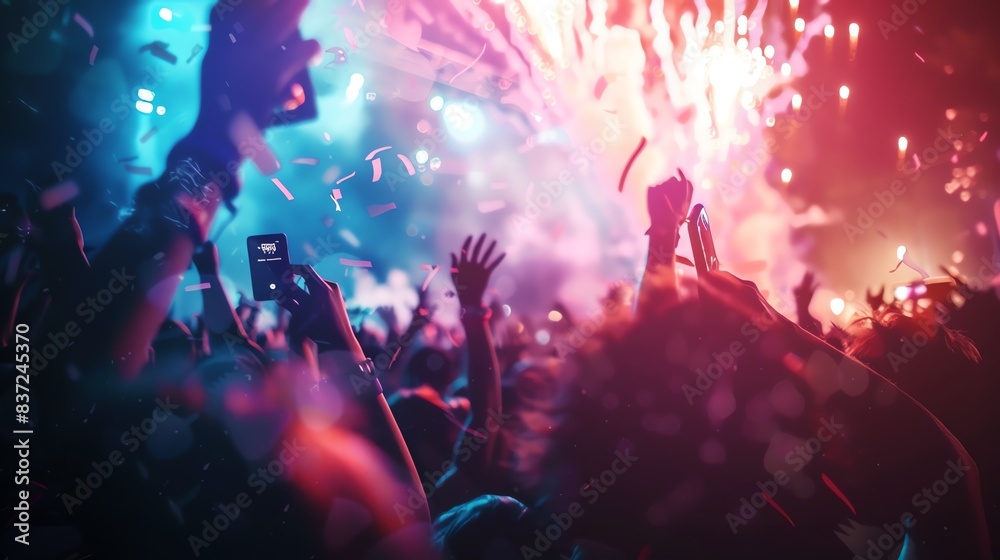 Silhouettes of a crowd at a concert with fireworks and confetti. Silhouettes of a crowd at a concert with fireworks and confetti.
