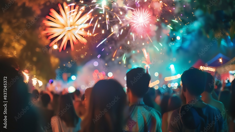Crowd watching vibrant fireworks display at night. Crowd watching vibrant fireworks display at night.
