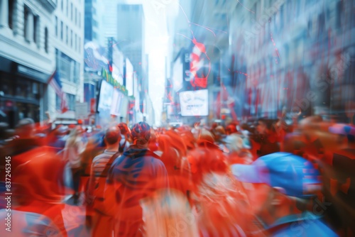 Blurred crowd of people in red walking down a busy city street. © Pikul