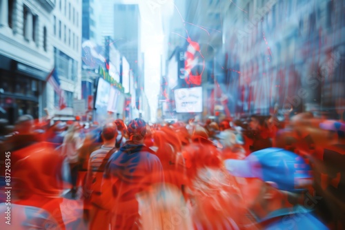 Blurred crowd of people in red walking down a busy city street.