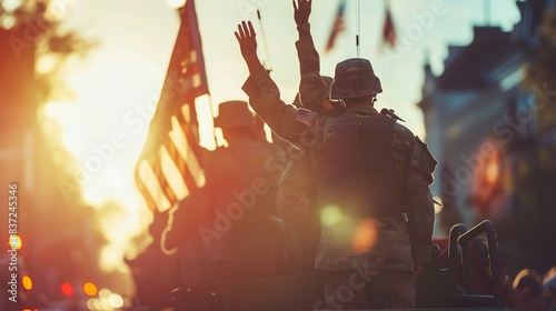 Silhouette of three people in military uniform waving American flags at sunset.