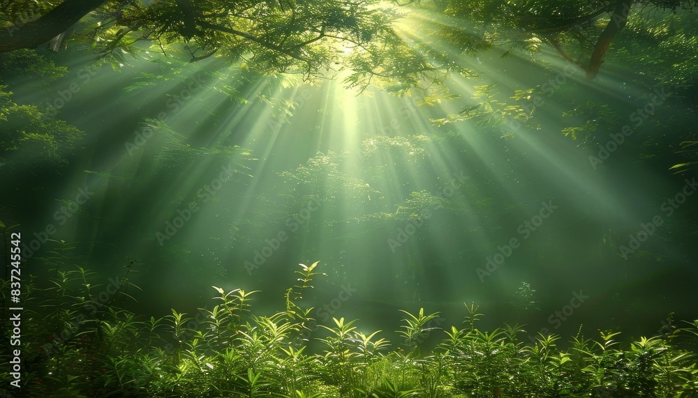 Sunny day in green forest, beautiful sunlight and rays in lush natural landscape Sunny day in green forest, beautiful sunlight and rays in lush natural landscape