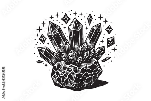 Magic crystal mineral, stone. Vintage engraving black and white vector illustration. Cut out, isolated object, print, drawn