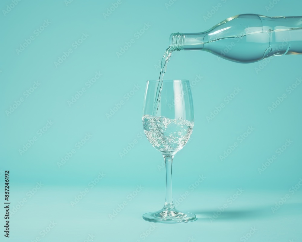 Pouring refreshing water from a bottle into a clear glass on a vibrant blue background