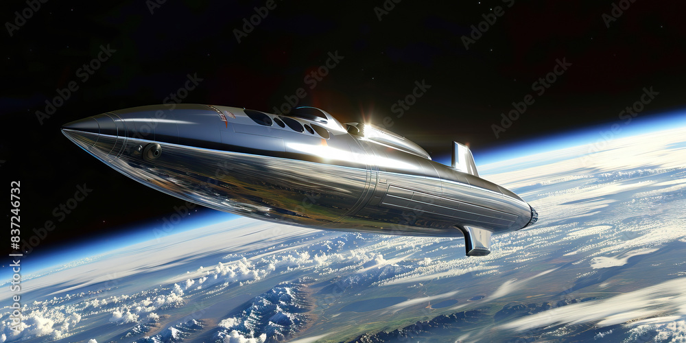 A spaceship orbits Earth, its sleek silver surface reflecting light A spaceship orbits Earth, its sleek silver surface reflecting light