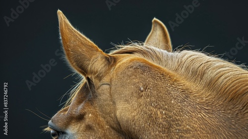 A close-up shot of a horse's head on a black background