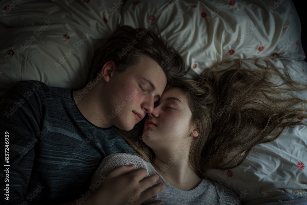 A couple lying in bed together, relaxed and intimate A couple lying in bed together, relaxed and intimate