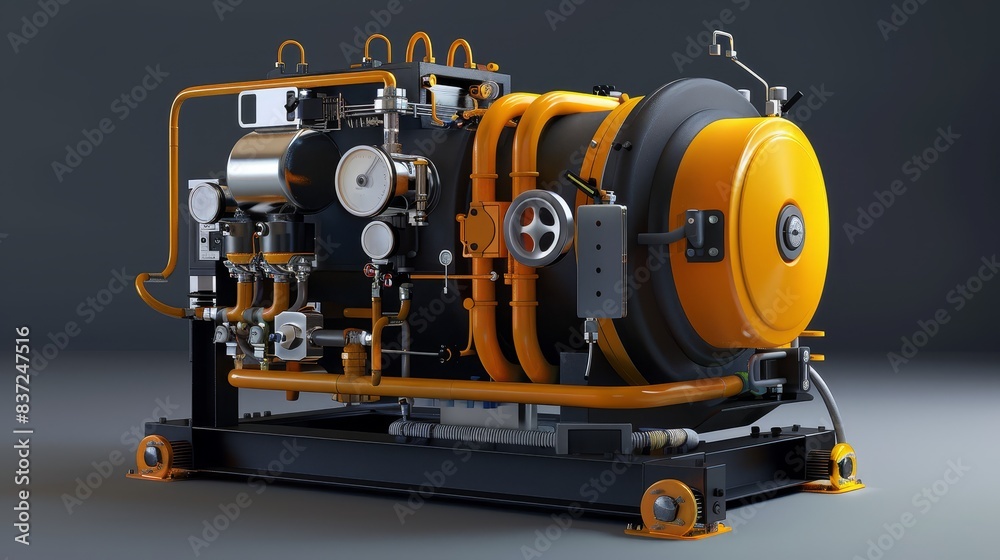 Engineering-themed pneumatic compressor in 3D render, flat design, front view, triadic color scheme. Ideal for technical and mechanical visuals Engineering-themed pneumatic compressor in 3D render, flat design, front view, triadic color scheme. Ideal for technical and mechanical visuals