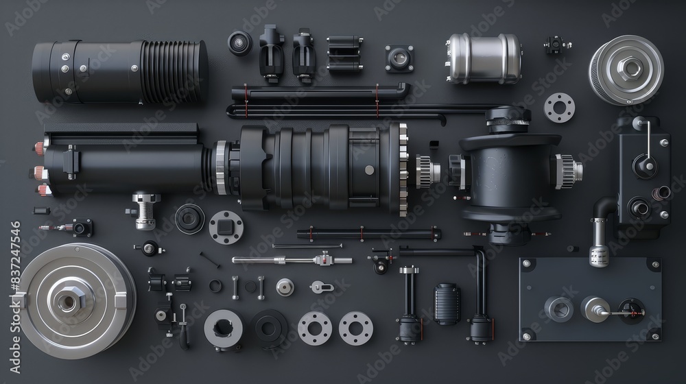Flat design of air compressor mechanism, 3D render, top view ...