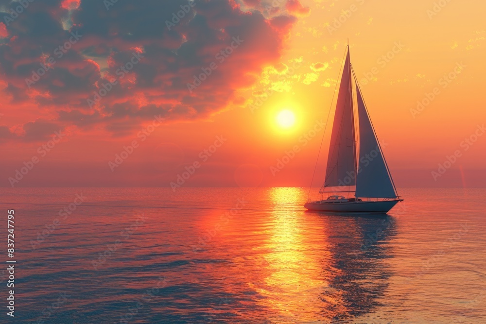 A sailboat sailing on calm waters at sunset