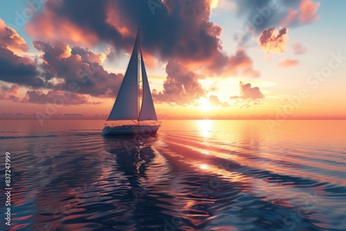 A sailboat floating in the middle of the ocean during sunset, great for use in travel or adventure related content