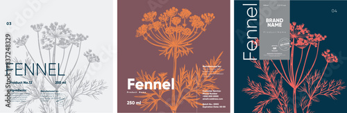 Product labels for a fennel-based product, showcasing botanical illustrations in engraving style with variations in background colors of grey, maroon, and navy.
