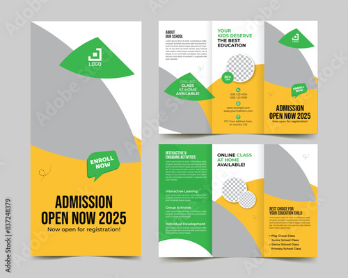 kids school education admission trifold brochure design template, back to school admission tri fold brochure cover leaflet premium layout design. 