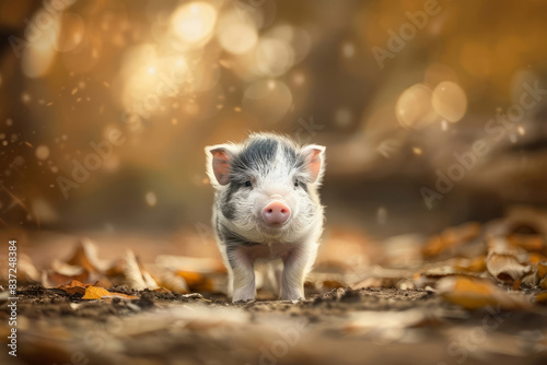 A fluffy cute shaggy piglet stands in the forest on dry leaves.