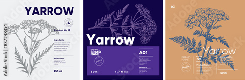 A collection of three labels for yarrow-based products, each featuring a detailed botanical illustration in engraving style.