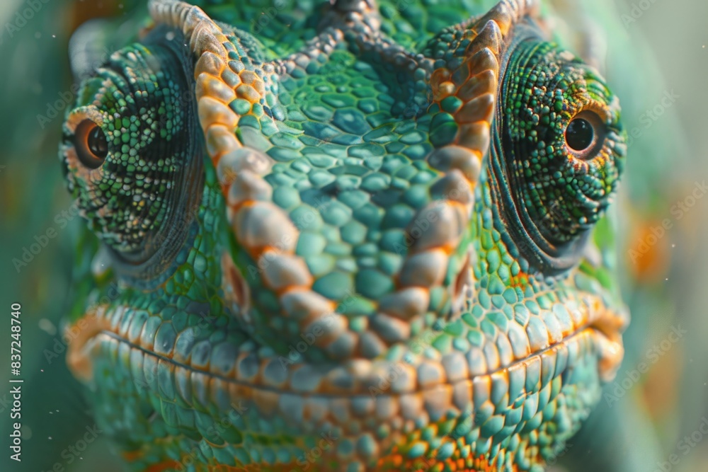 Fototapeta premium A close-up photo of a colorful chameleon's head, showing its vibrant green and orange scales