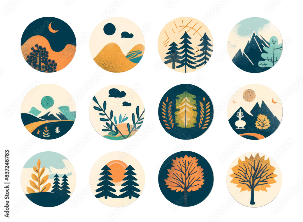 Collection of circular travel badges with nature themes Collection of circular travel badges with nature themes