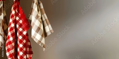 Realistic top view of red checkered kitchen towels hanging in a modern cozy design. Concept Kitchen decor, Top view photography, Red checkered towels, Modern cozy design, Realistic styling