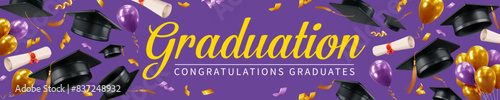 Congratulations Graduates. Horizontal long banner template with graduation caps, festive balloons and rolled diplomas thrown up on the purple background, which symbolizes wisdom. Vector illustration