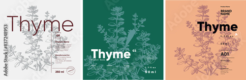 Stylish label collection for Thyme, using a botanical engraving style across different background colors. 