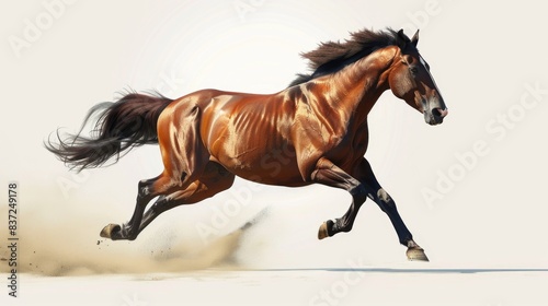 A horse runs freely in the sandy terrain on a sunny day