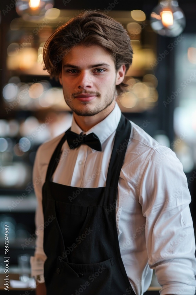 Obraz premium A person in a kitchen or workshop setting, dressed in an apron and bow tie
