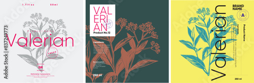 Vibrant label design series for Valerian, featuring detailed botanical engravings on contrasting colored backgrounds, emphasizing the medicinal qualities of the plant