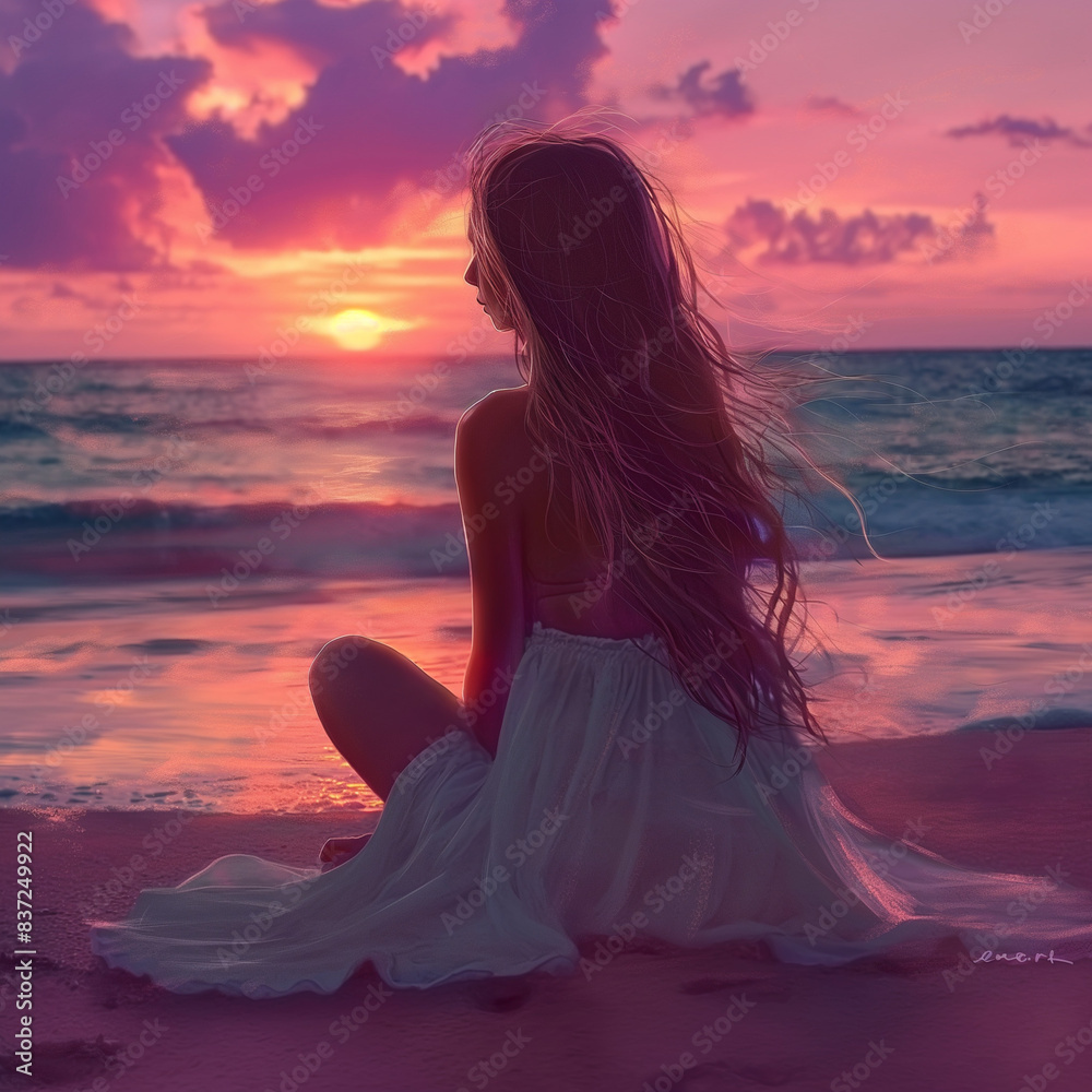 Chica rubia con pelo largo sentada en la orilla de la playa al atardecer. Chica rubia con pelo largo sentada en la orilla de la playa al atardecer.
