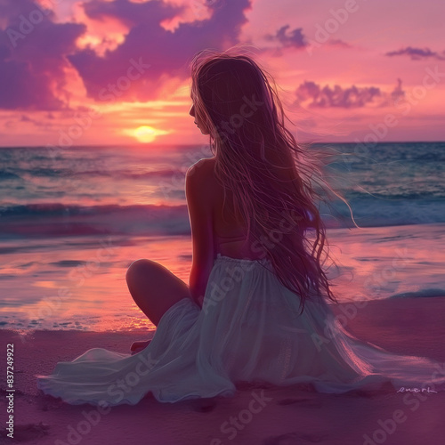 Chica rubia con pelo largo sentada en la orilla de la playa al atardecer.  photo