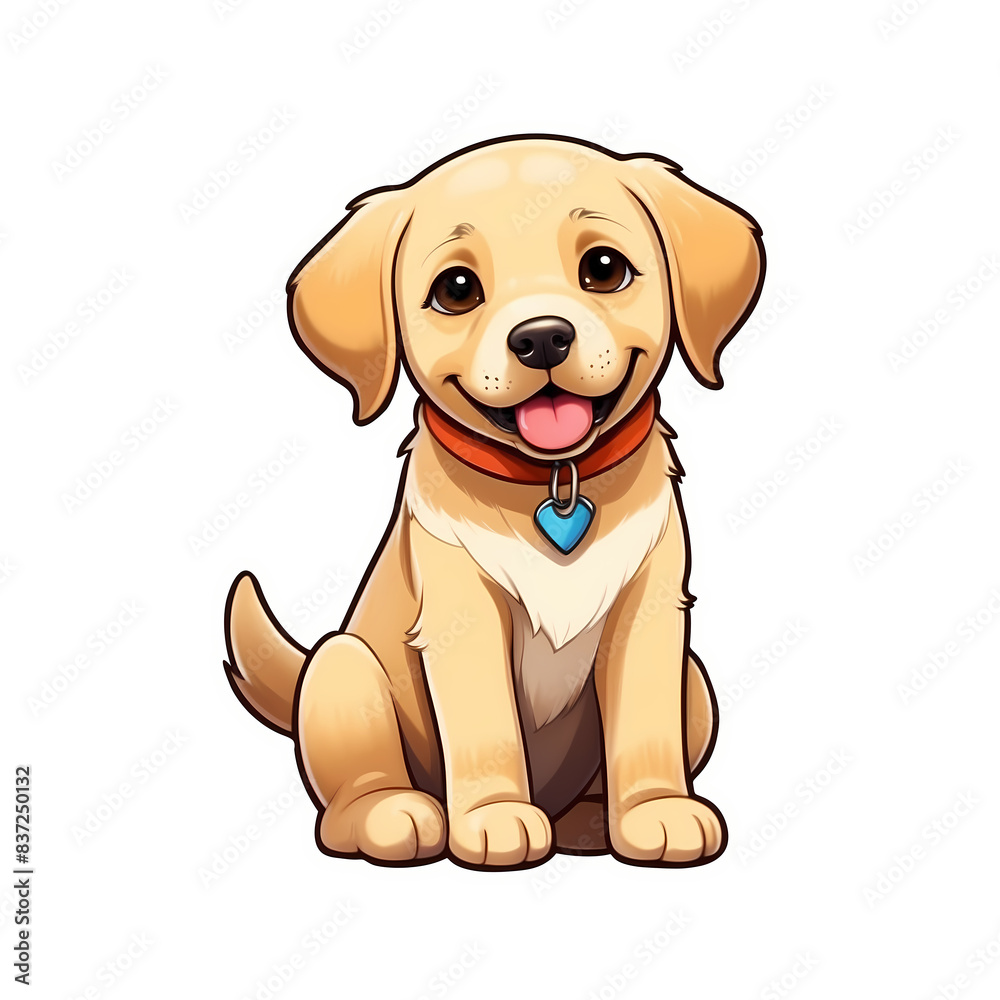 Cute Childish Kawaii Labrador Dog Character Sticker with Big Smile and Warm Golden Fur, Tongue Sticking Out and Big Round Eyes, Thick Black Outline, Generative AI.