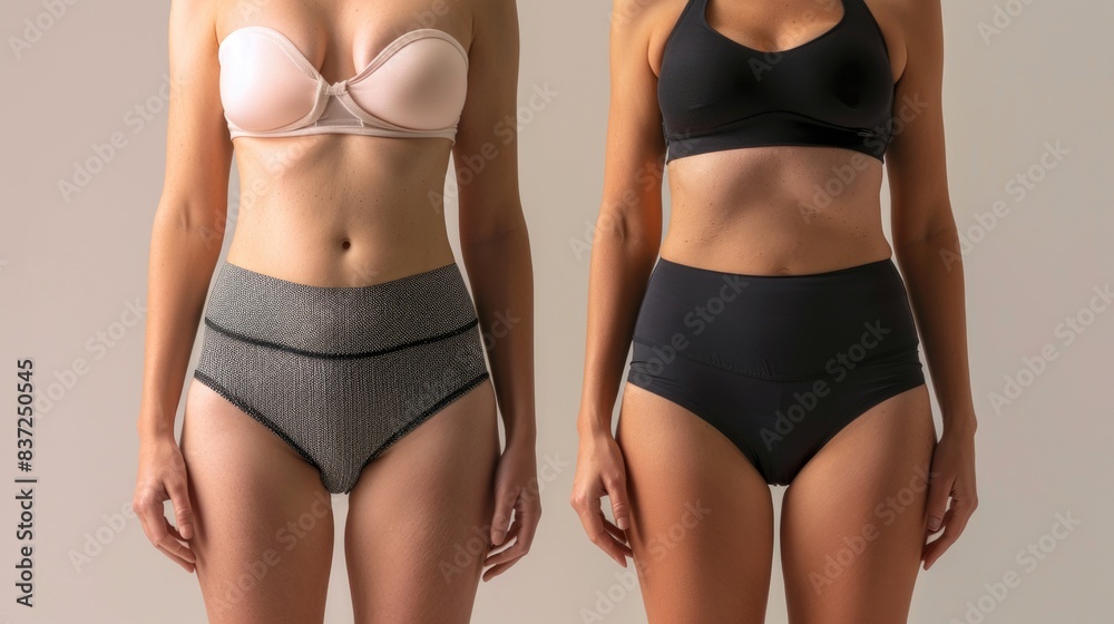 Two women wearing lingerie stand side by side Two women wearing lingerie stand side by side