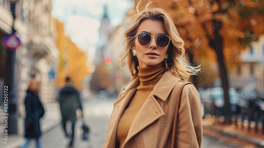 A woman wearing a brown coat and sunglasses stands on a street with other people A woman wearing a brown coat and sunglasses stands on a street with other people