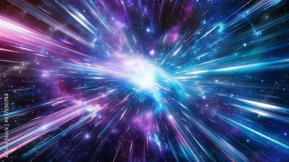 Fototapeta premium Vibrant blue and purple hyper space background with glowing lines and starburst effects, creating dynamic sci-fi energy. Digital art.