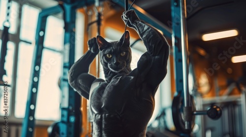 A domestic cat stands upright on the floor of a modern gym, surrounded by exercise equipment photo