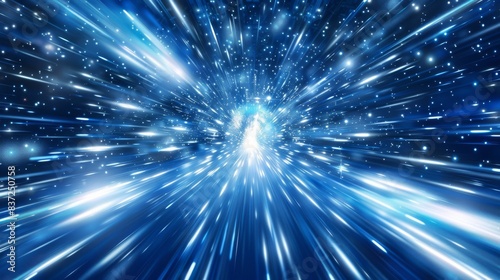 Futuristic light speed warp in neon blue and white, with intense beams and starry background. Fast, cosmic 3D illustration.
