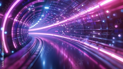 Futuristic warp tunnel in deep space with cyberpunk flair, vivid purple and blue tones, and fast-moving light trails.