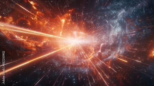Spacecraft streaks into hyperspace with blinding lights extending endlessly, evoking a sensation of rapid travel through the cosmos.