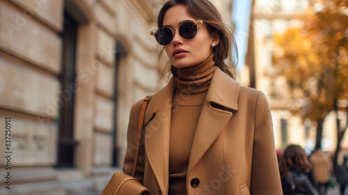 A woman wearing a brown coat and sunglasses is walking down a street