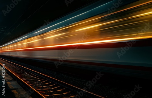 A train gliding through the night, leaving a mesmerizing light trail in shades of dark grey, chocolate, and dark goldenrod.