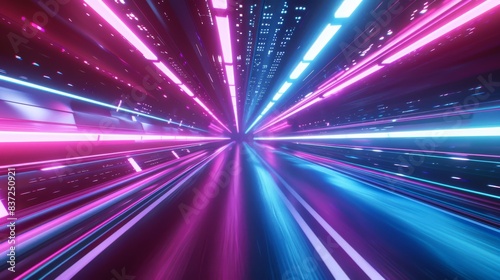 Futuristic cyberpunk tunnel with neon lights, vibrant colors, fast-paced motion, and interstellar setting.