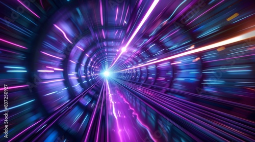 Futuristic warp tunnel in deep space, cyberpunk style with glowing purple and blue tones. Fast motion with light trails.