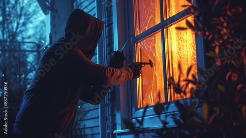 Burglar with a crow breaking into a house via window. A thief braking into home in the middle of the night.	
