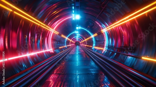 Neon-lit cyberpunk tunnel in vibrant colors, speedy and futuristic 3D rendering, interstellar setting with fast-paced motion.