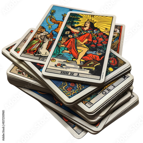 A colorful stack of tarot cards featuring various traditional designs, ideal for divination, fortune-telling, and spiritual insight.